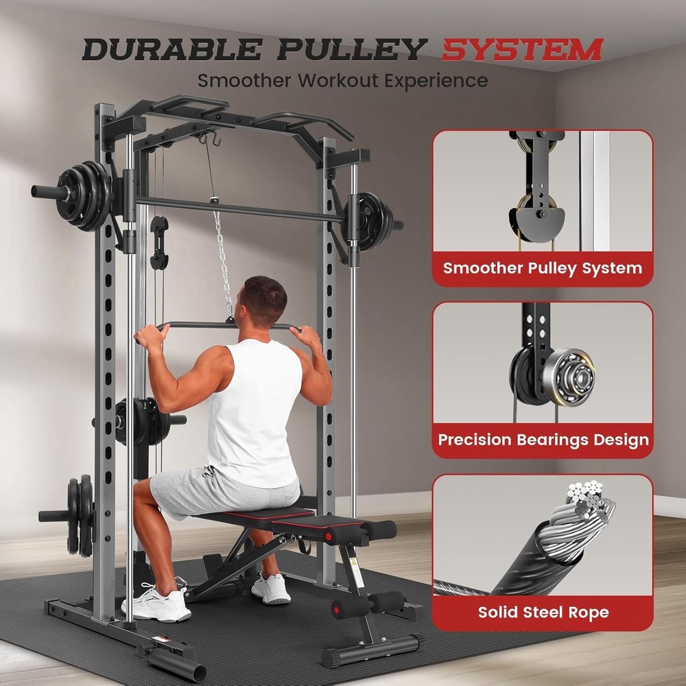 1400 Lbs Power Cage Smith Machine Multi-Function Squat Rack with LAT-Pull Down🔥