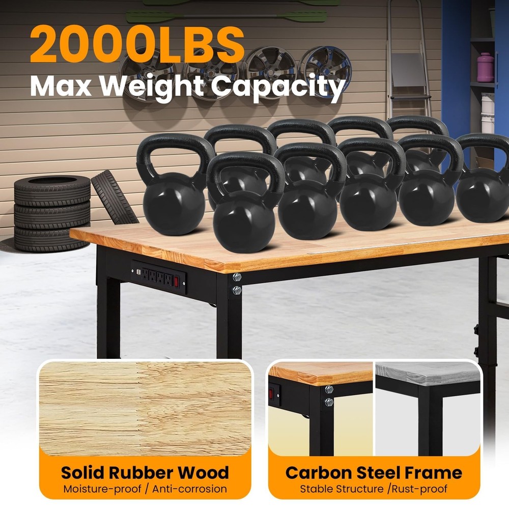 60" Adjustable Workbench 2000 Lbs Load Work Bench with Pegboard & Power Outlets