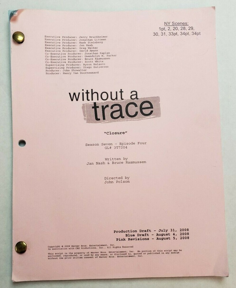WITHOUT A TRACE / Jan Nash 2008 TV Show Script, ANTHONY LAPAGLIA "Closure"