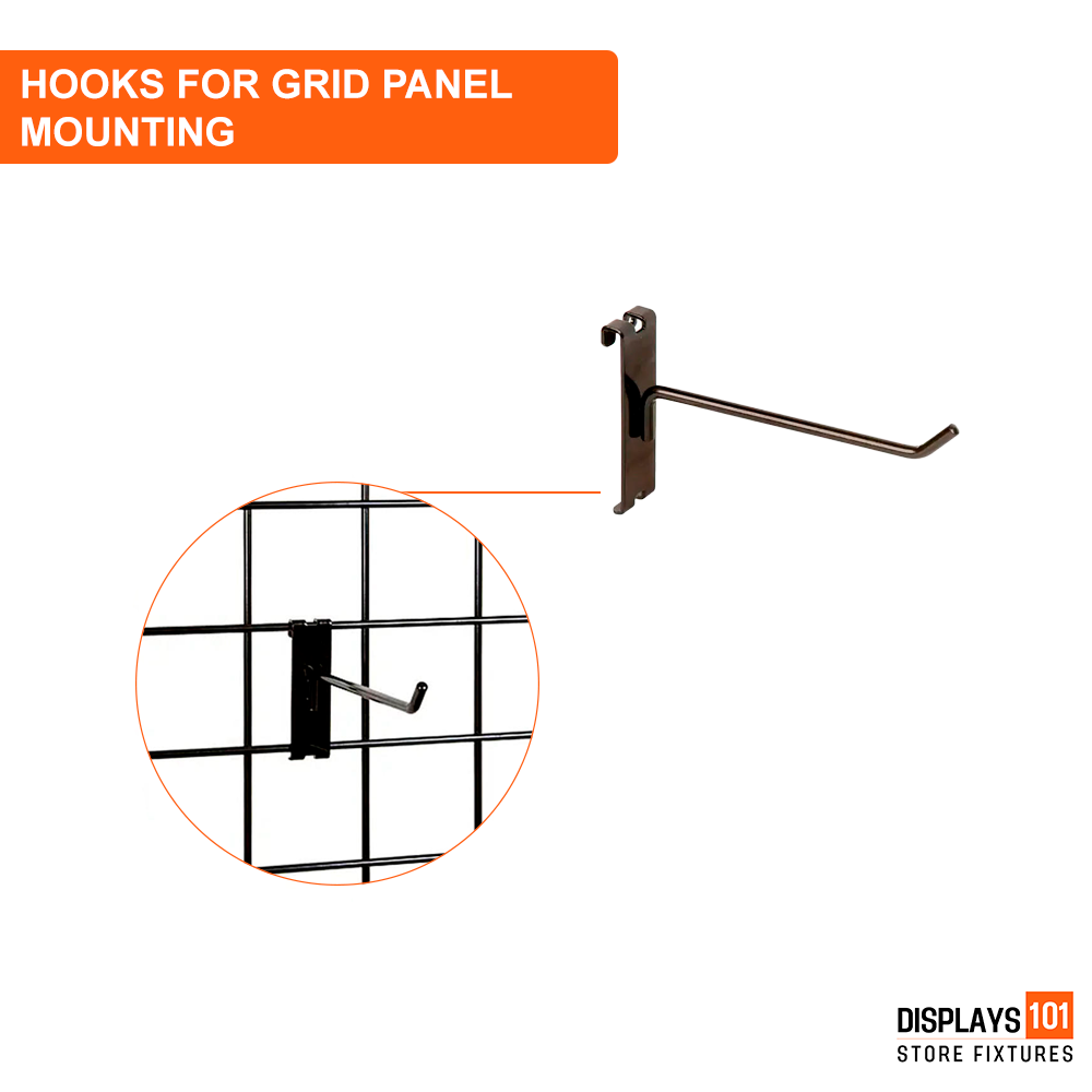 6" Gridwall Hooks | 100-Pack Black Hooks For Grid Panel Displays - NEW