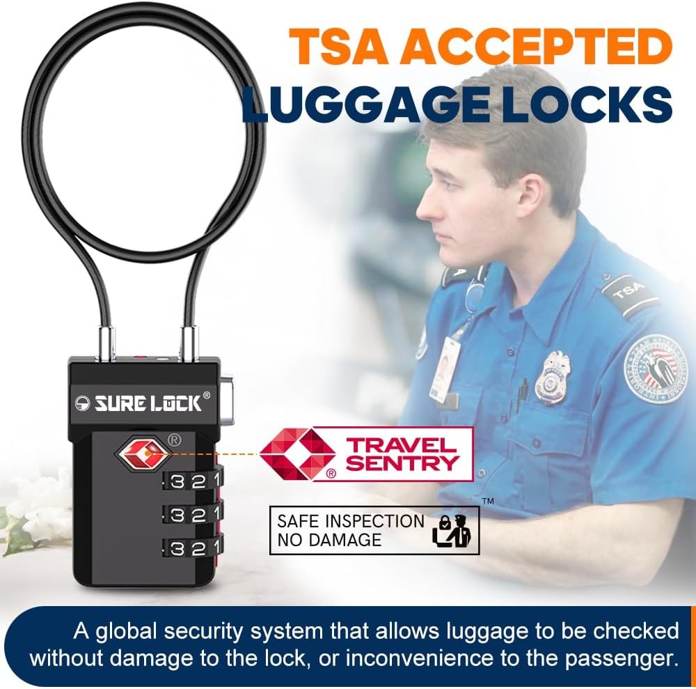 SURE LOCK TSA Approved 3-Digit Combination Luggage Locks – Extra long cable