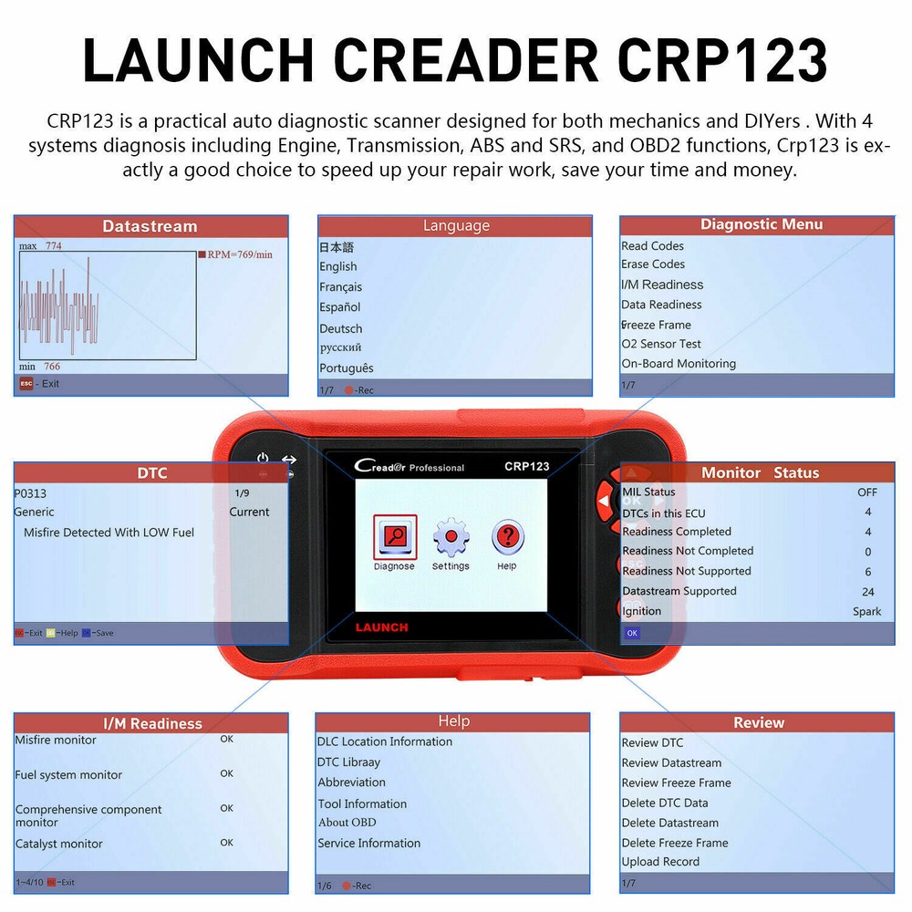LAUNCH CRP123 OBD2 Scanner Code Reader ABS SRS AT Engine Diagnostic Scan Tool