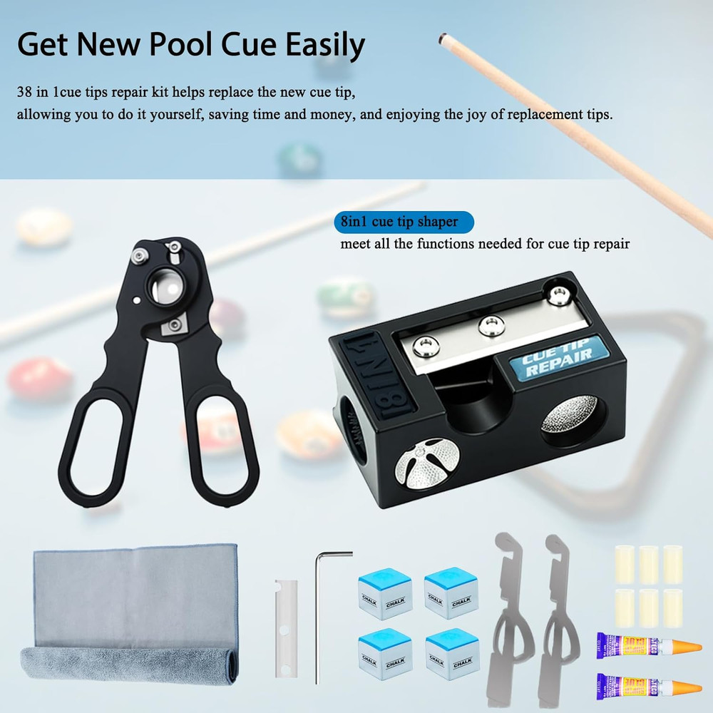 38-Piece Pool Cue Tips Replacement Kit with Shaper Tools and Accessories