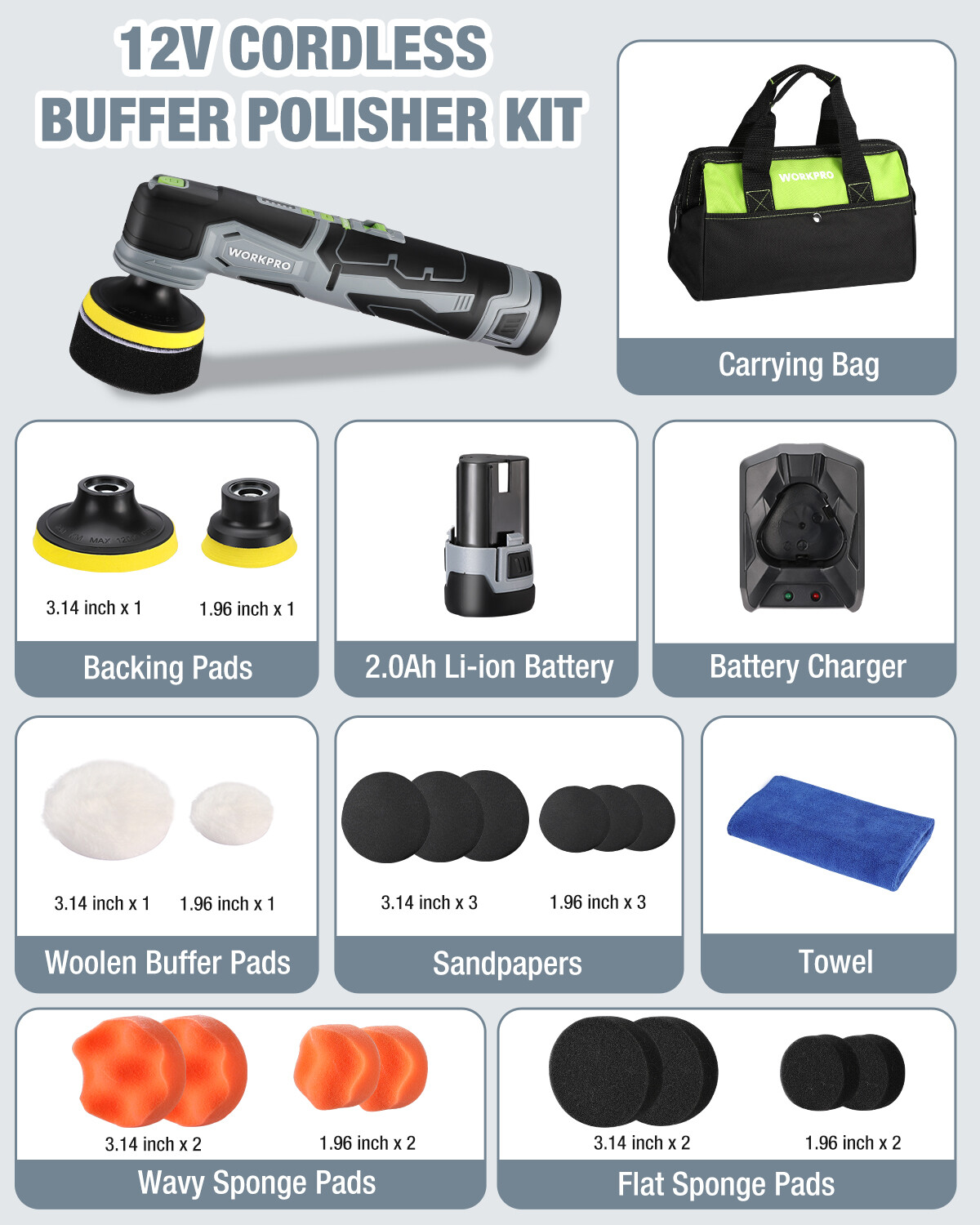 WORKPRO 12V Cordless Mini Buffer Polisher Kit 600-3000RPM 5 Variable Speed w/Bag