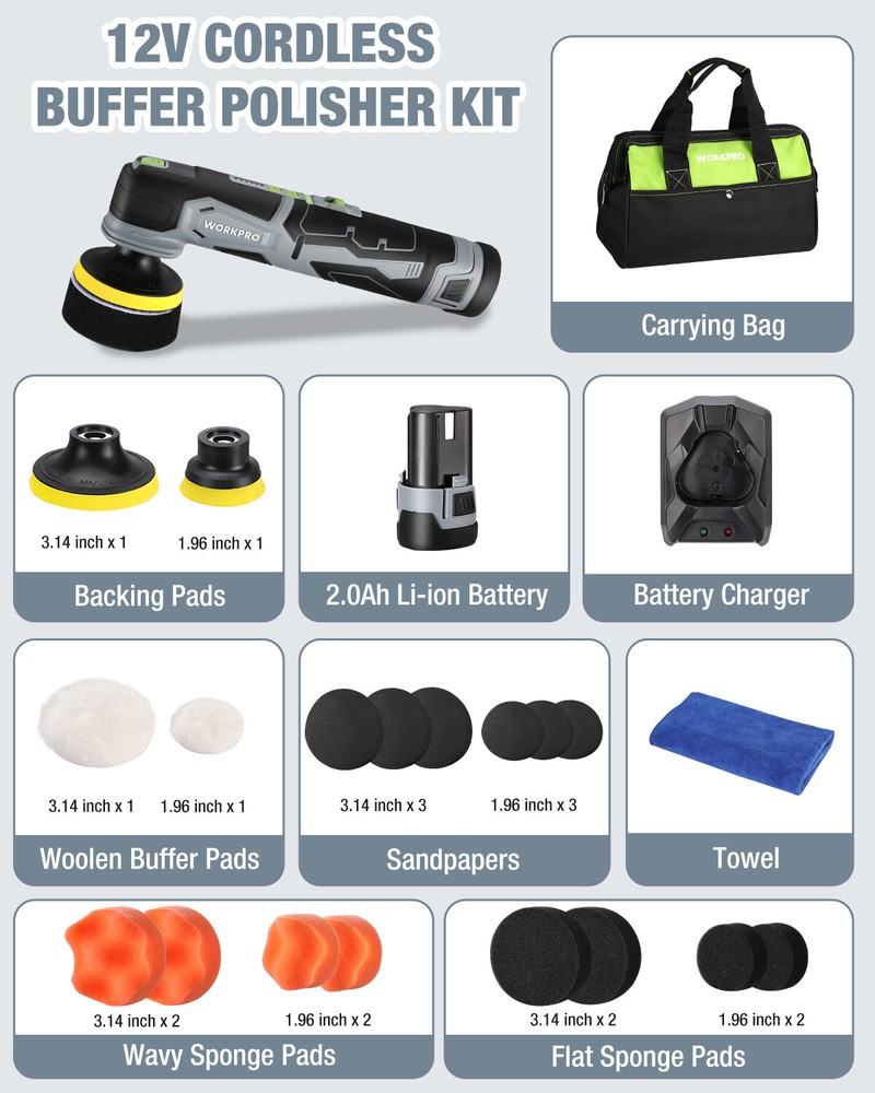 WORKPRO Cordless Mini Buffer Polisher 12V Buffer Polisher for Car Detailing New