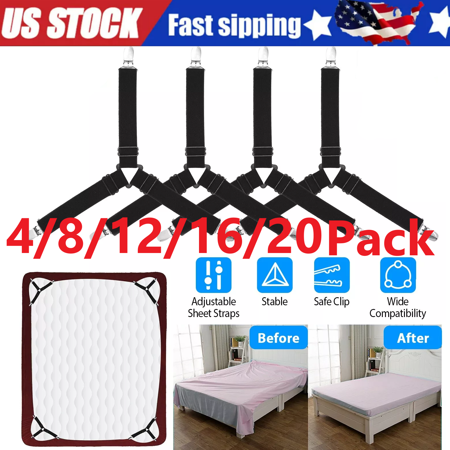 4-20x Triangle Fitted Sheet Strap Clips Grippers Mattress Bed Suspenders Holder