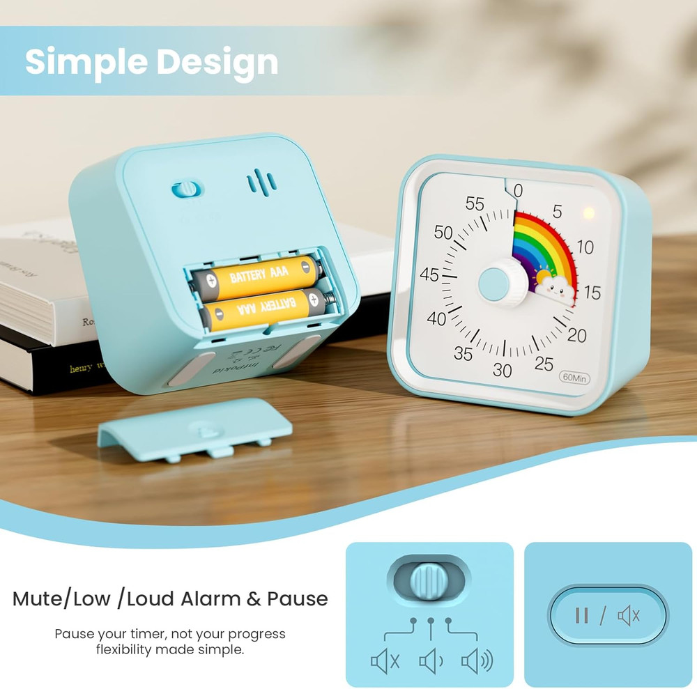 Visual Timer for Kids with Pause Function, Cute Silent Timer with Rainbow for Cl