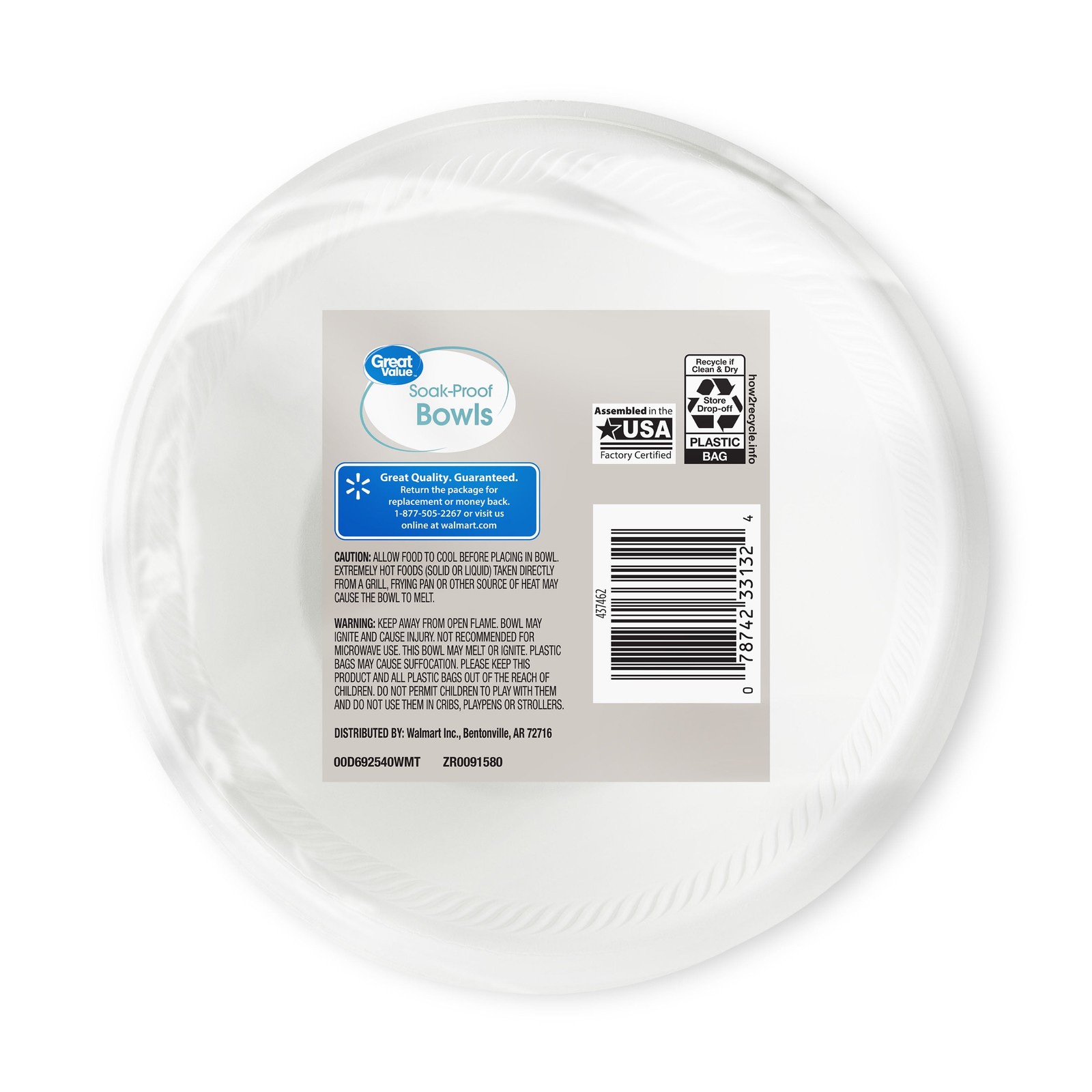 (4 pack) Great Value Everyday Disposable Foam Bowls, 20 oz, 25 Count