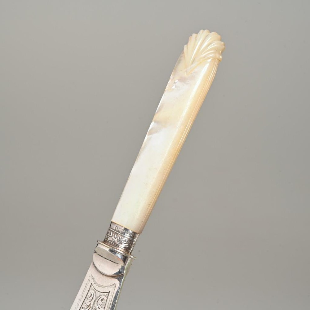 Sheffield Etched Fish Knife Fork Serving Set Mother Of Pearl Handles Antique