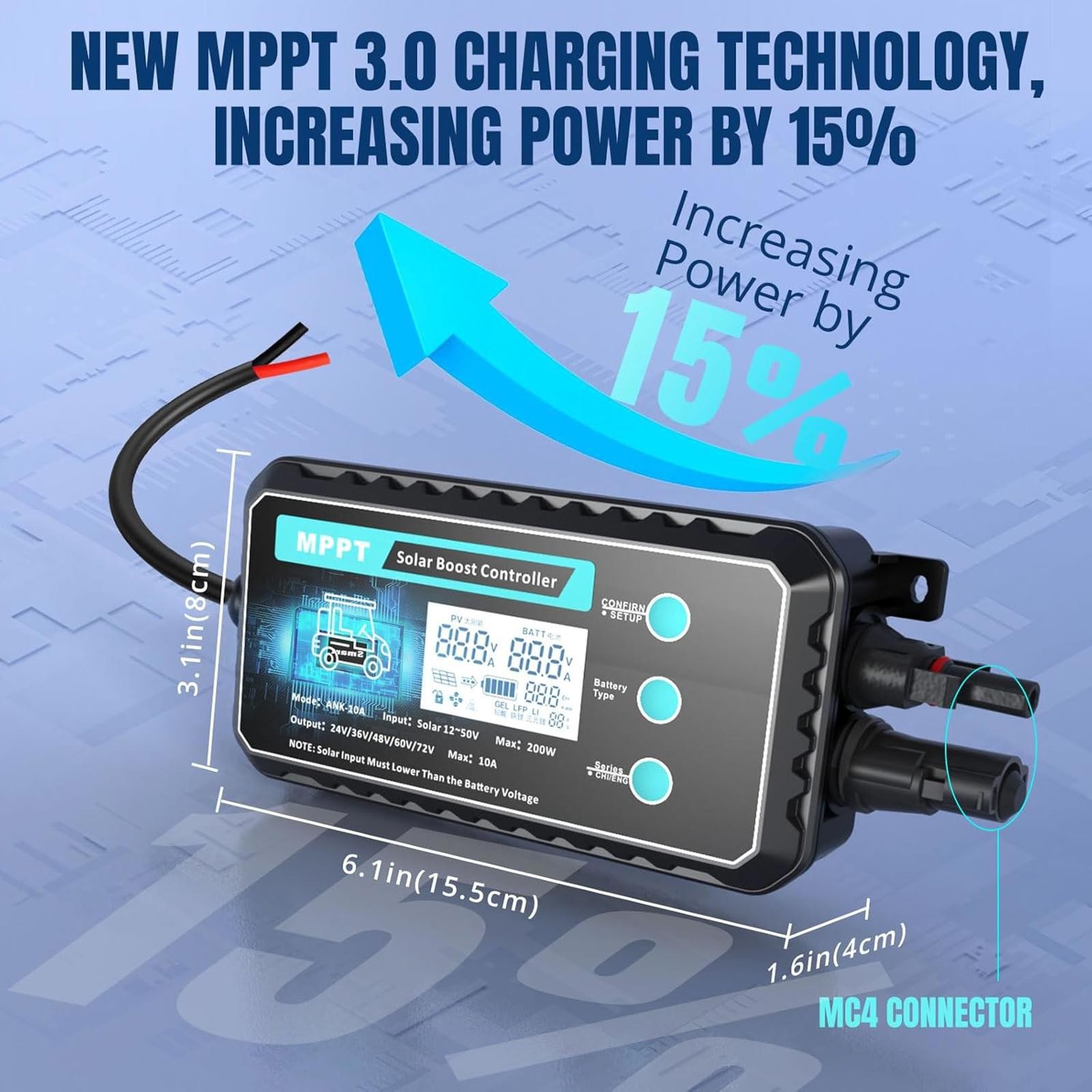 MPPT Solar Boost Controller for Solar Panels with MC4 Connector