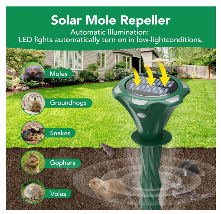 Mole Repeller Solar Powered 2 Pack, Waterproof Motion Detection LED Flash...