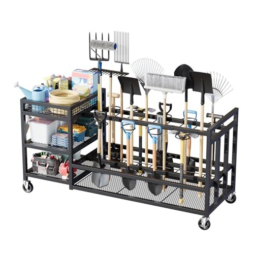 Garden Tool Organizer with Wheels-Movable Garden Tool Rack with Storage Hooks