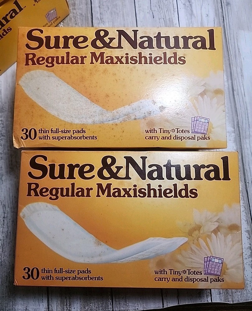 4 Box Lot VTG Sure & Natural Regular Maxishields Thin Full-Size Pads +Tiny Totes