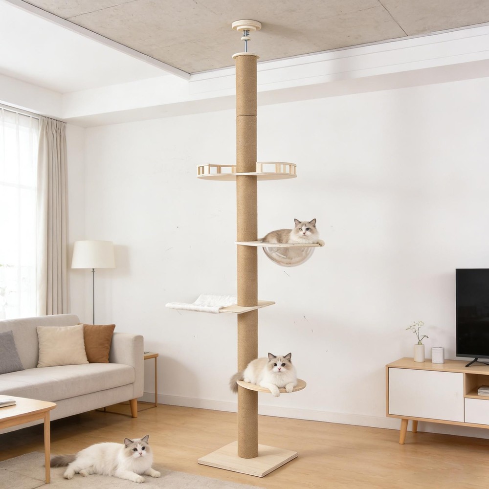 Adjustable 102-104" Ceiling Cat Tree Large Cats Condo w/ Scratching Post&Hammock