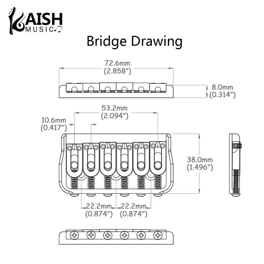 KAISH Black 6 String/7 String Guitar Fixed Bridge Hardtail Bridge for Strat/Tele