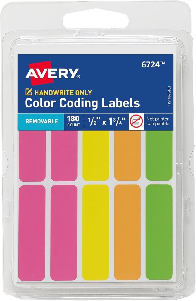 Avery Removable Color-Coding Labels, Handwrite, 1/2" x 1-3/4", 180 Count
