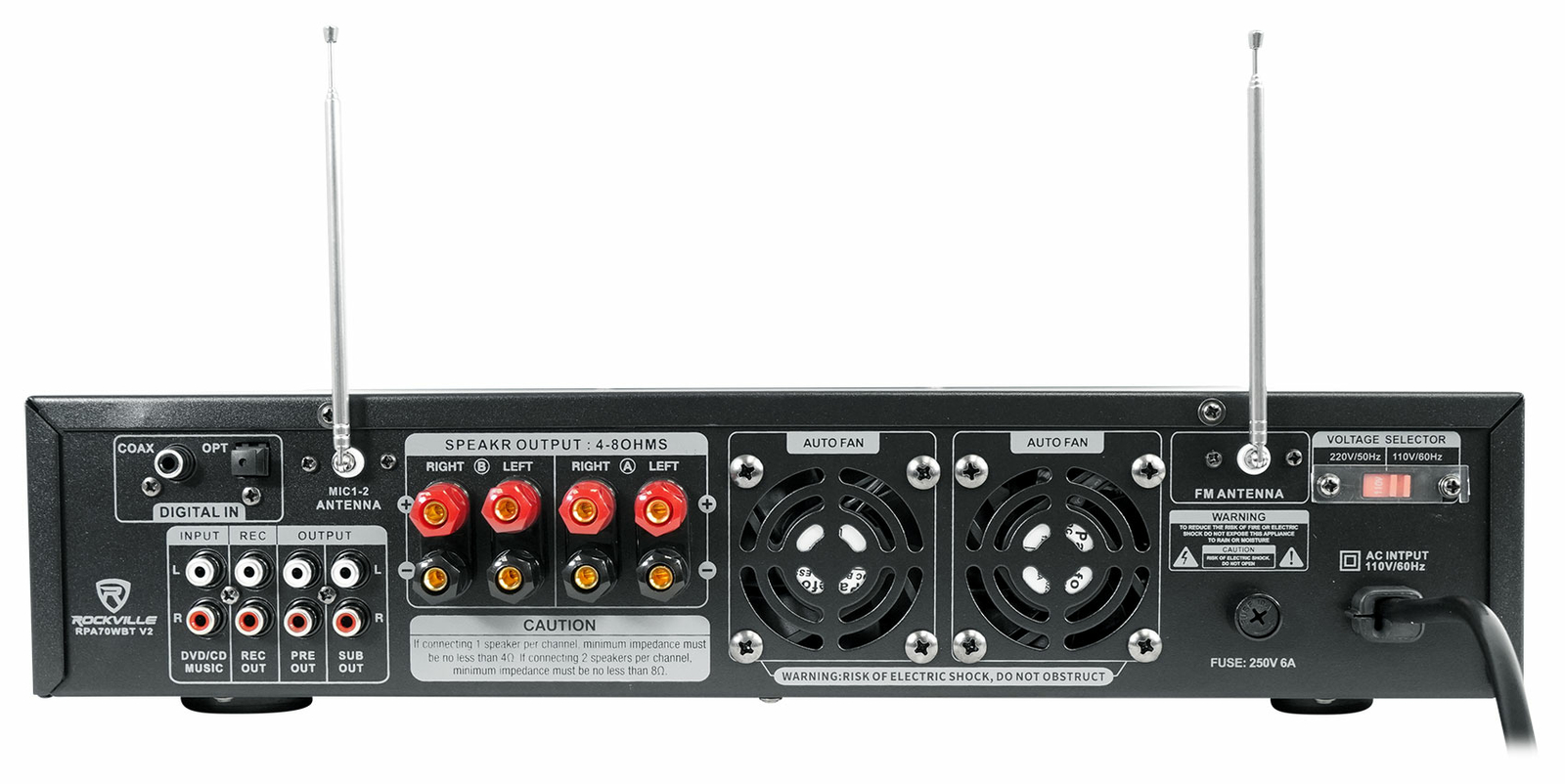 Rockville RPA70WBT V2 1000w 2-Ch USB Bluetooth Karaoke Amplifier/Mixer+(2) Mics