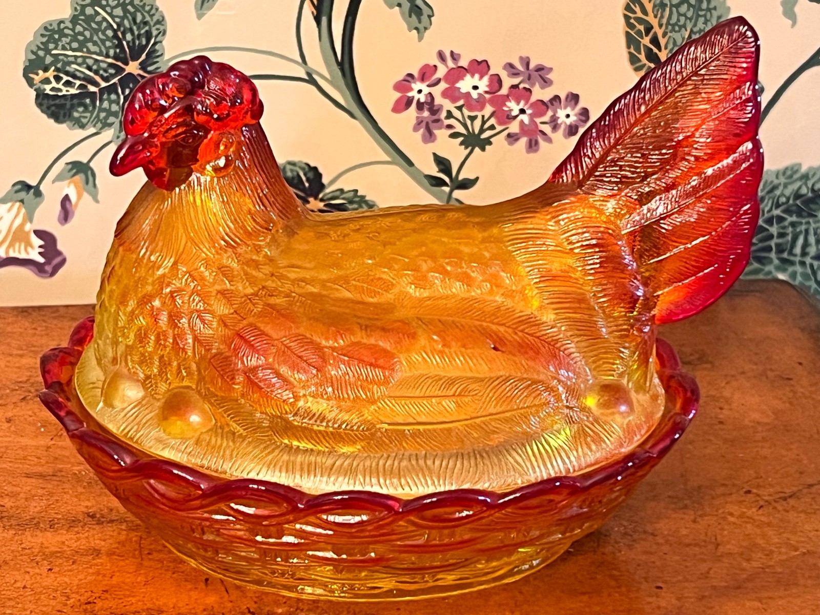RARE! LG Wright XL Amberina Glass Hen On Nest 7 1/2" MINT!