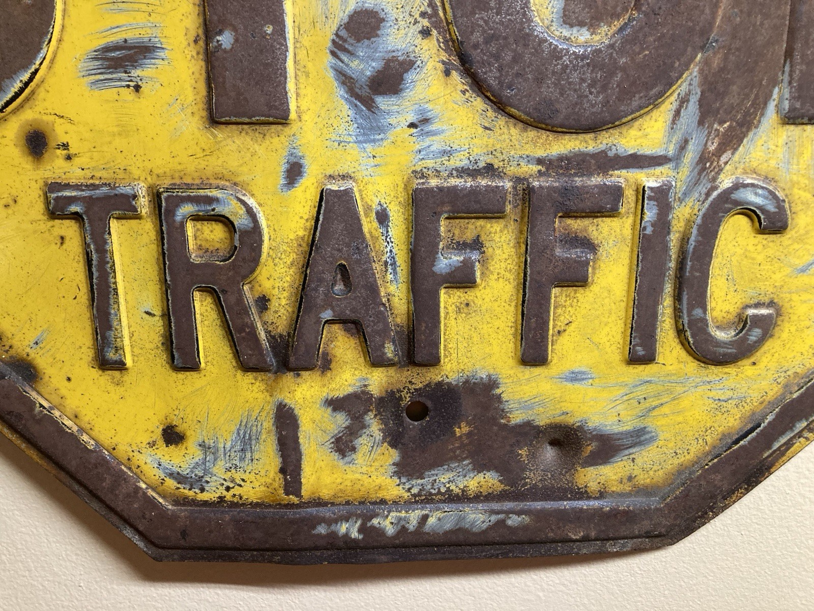 Vintage Yellow Stop Sign Embossed 24"x24" Art Deco 1930 Era