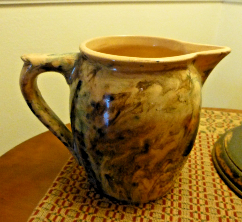 Antique Blue marbleized /sponge Yellowware Pitcher - Austria