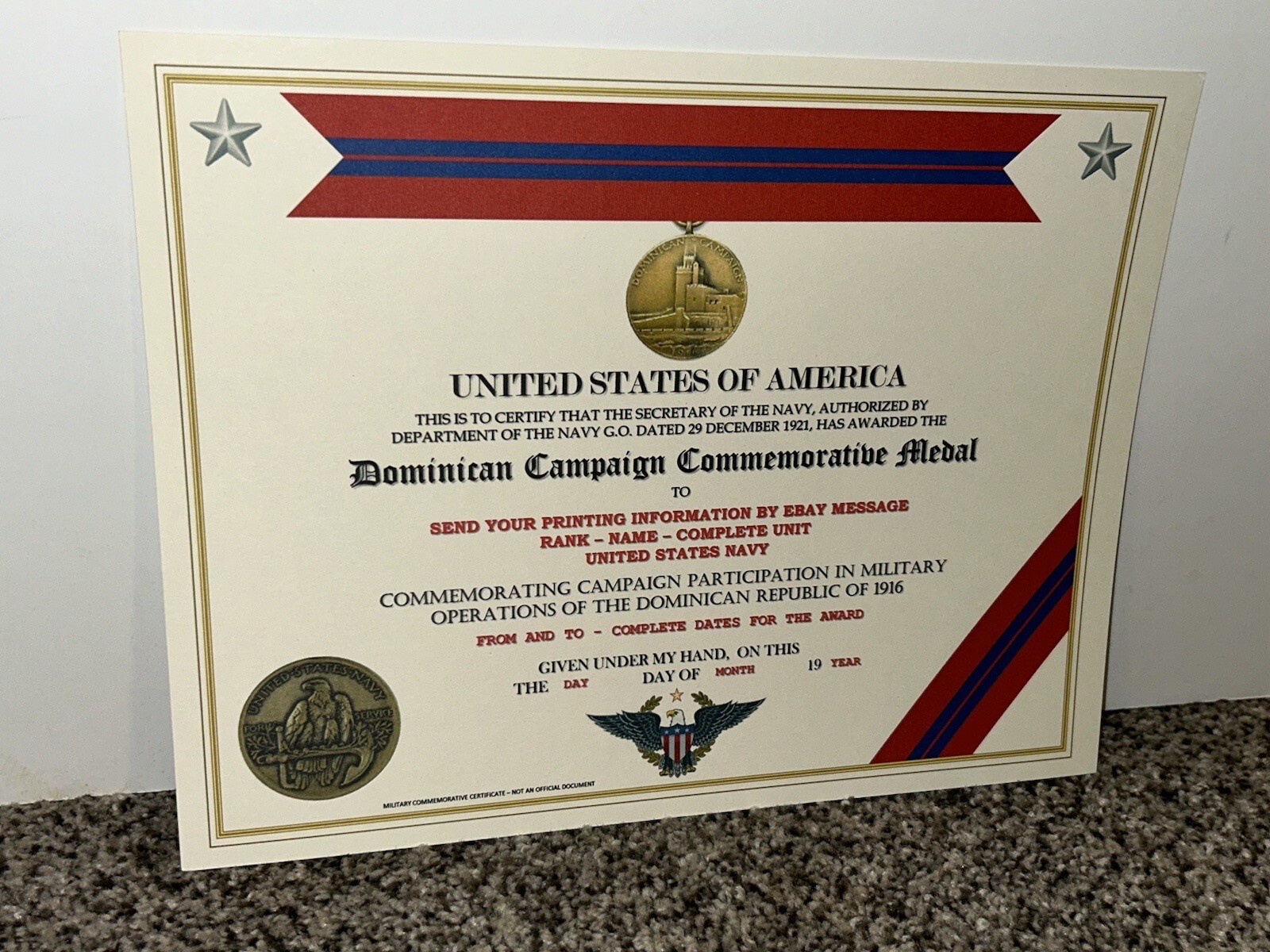 DOMINICAN CAMPAIGN (NAVY) COMMEMORATIVE MEDAL CERTIFICATE ~ W/PRINTING TYPE-1