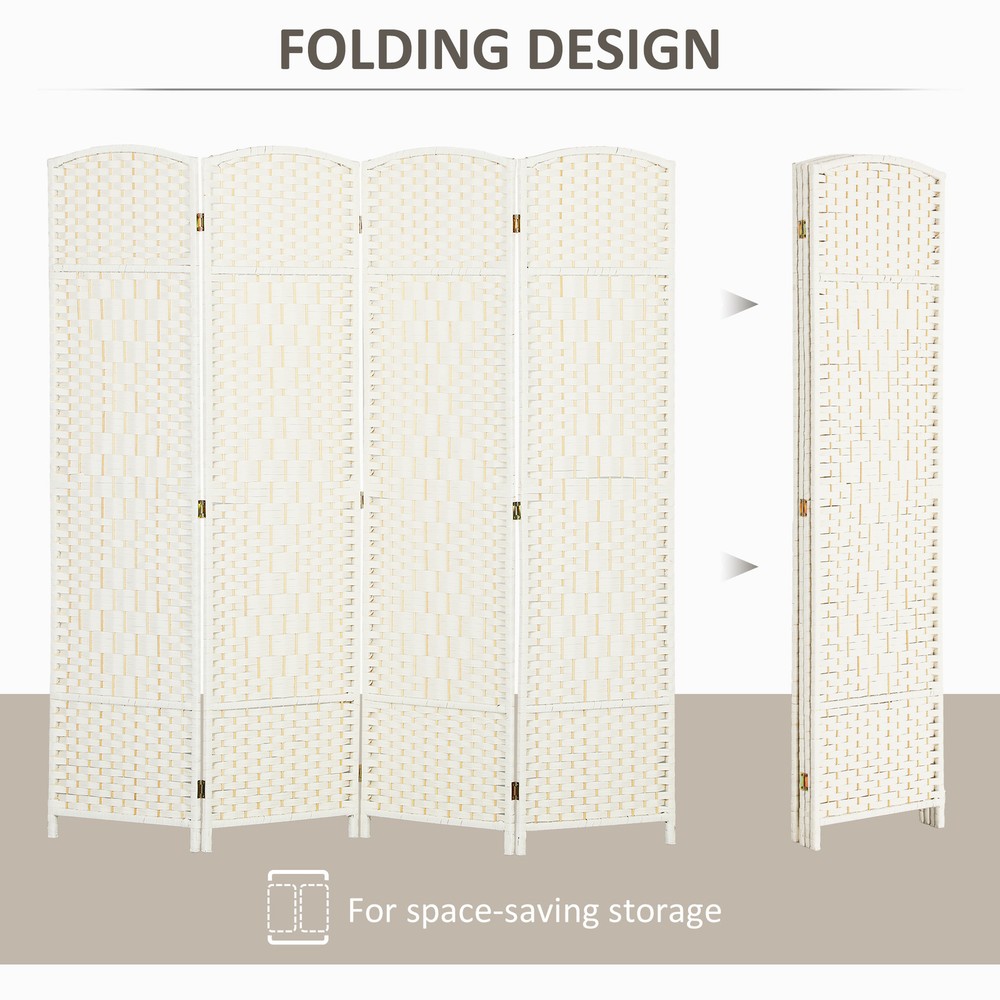 4 Panel Room Divider Hand-Woven Freestanding Partition, White
