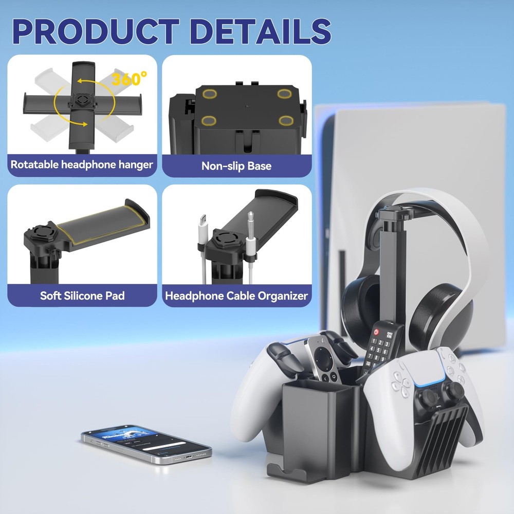 Dual Controller Holder with Headphone Stand - Multi-Functional Desk Storage Box