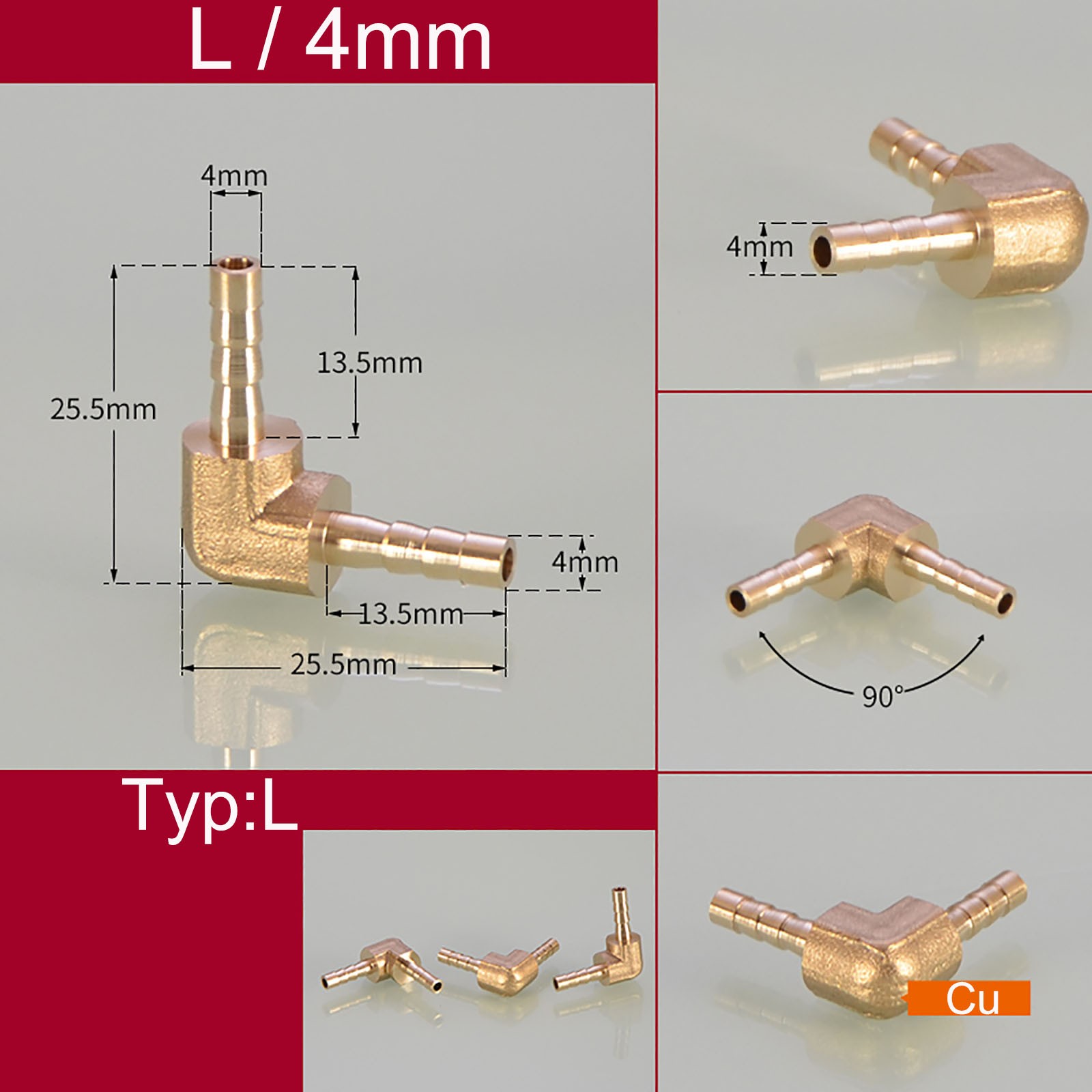 Brass Barbed Tube Pipe Fitting Hose Barb Elbow L 90 Degree 0.2"-1" 4mm 6mm-19mm