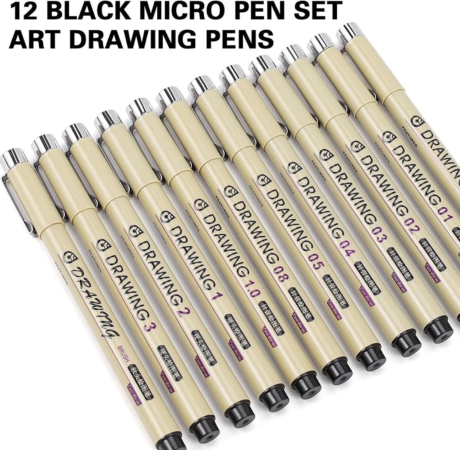 Micro Fineliner Drawing Art Pens: 12 Black Fine Line Waterproof Ink Set Artist S