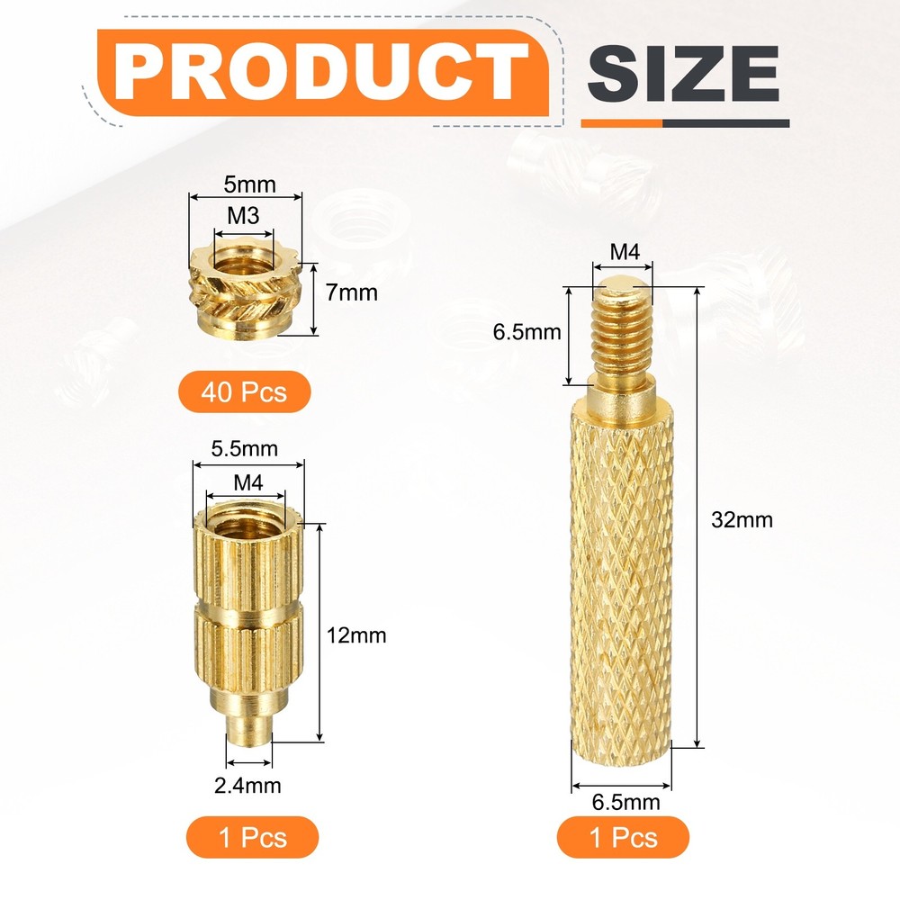 40Set M3 Heat Threaded Inserts 5mm OD, 7mm Height, Brass Nut