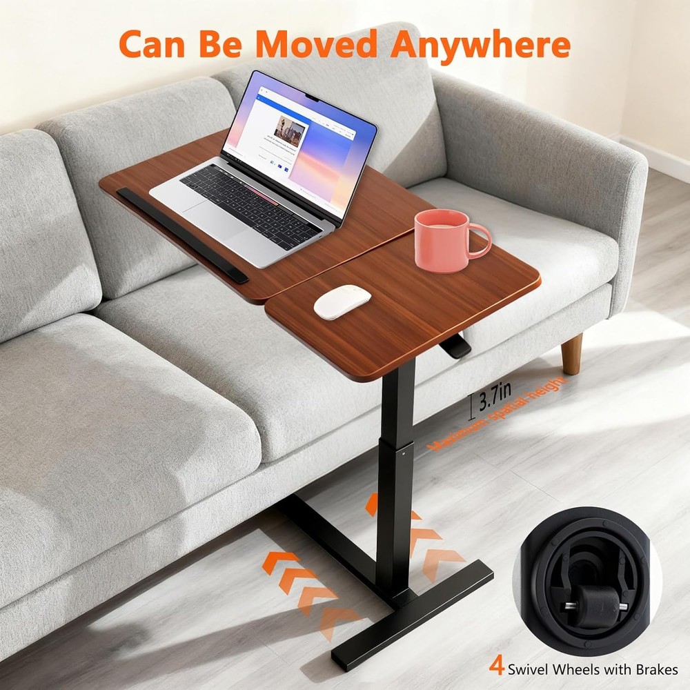 Overbed Bedside Table W/ Wheels Pneumatic Adjustable Rolling Laptop