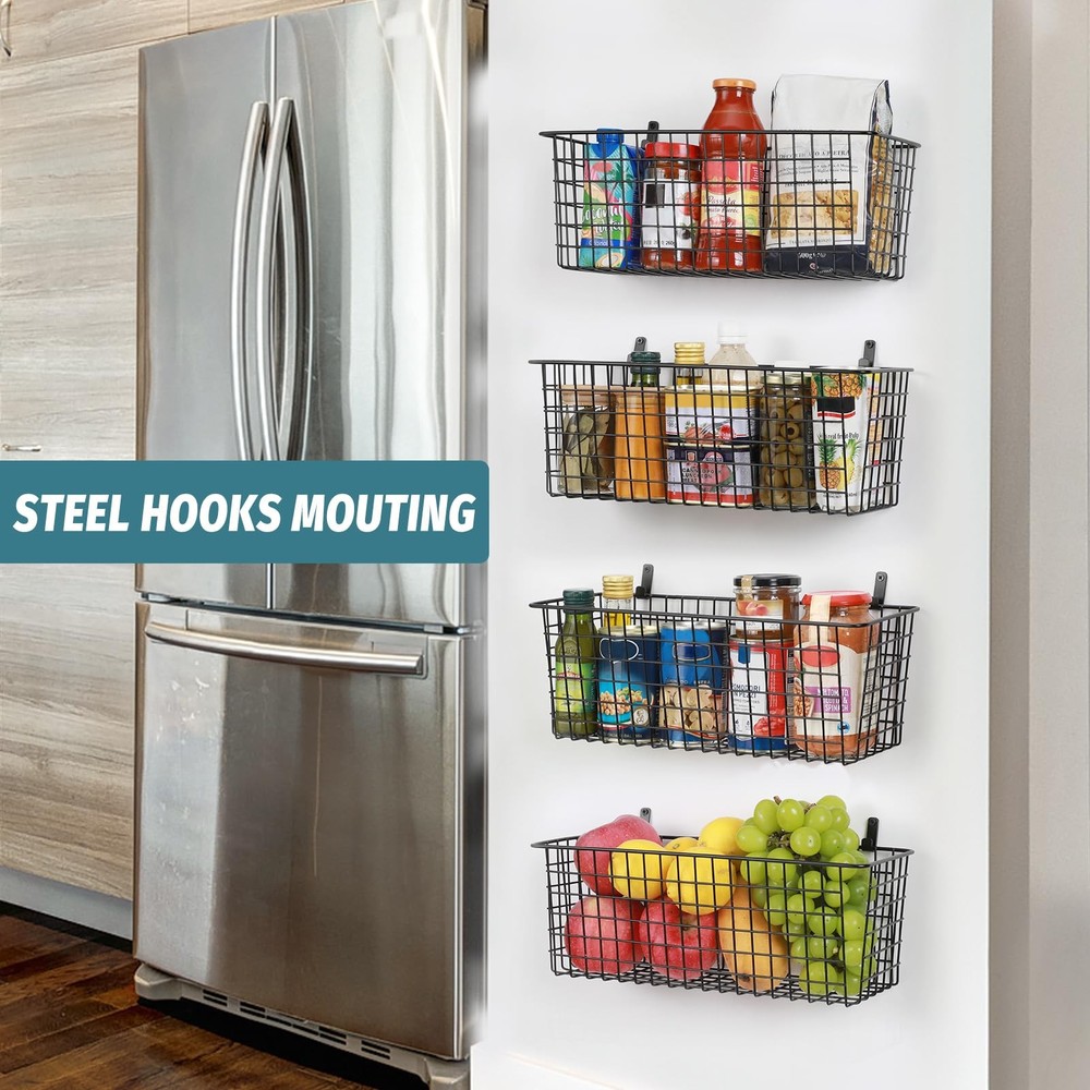 4 Set [EXTRA LARGE] Hanging Wall Mount Storage Baskets Extra Large, Black