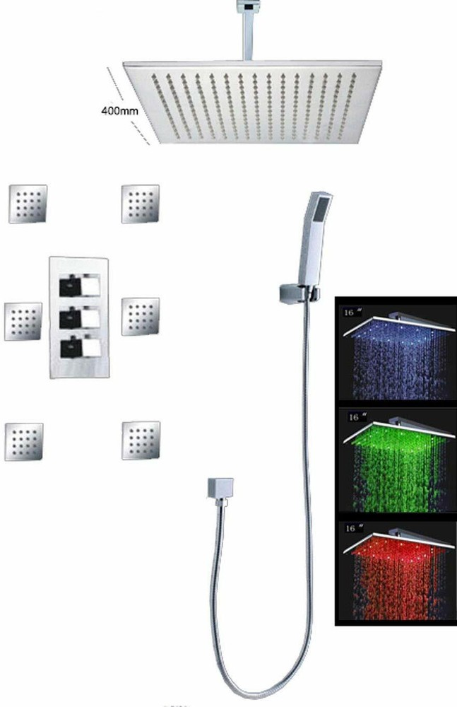 16" Square Ceiling Mount Rainfall LED Shower Head and 6 Massage Jets Spray
