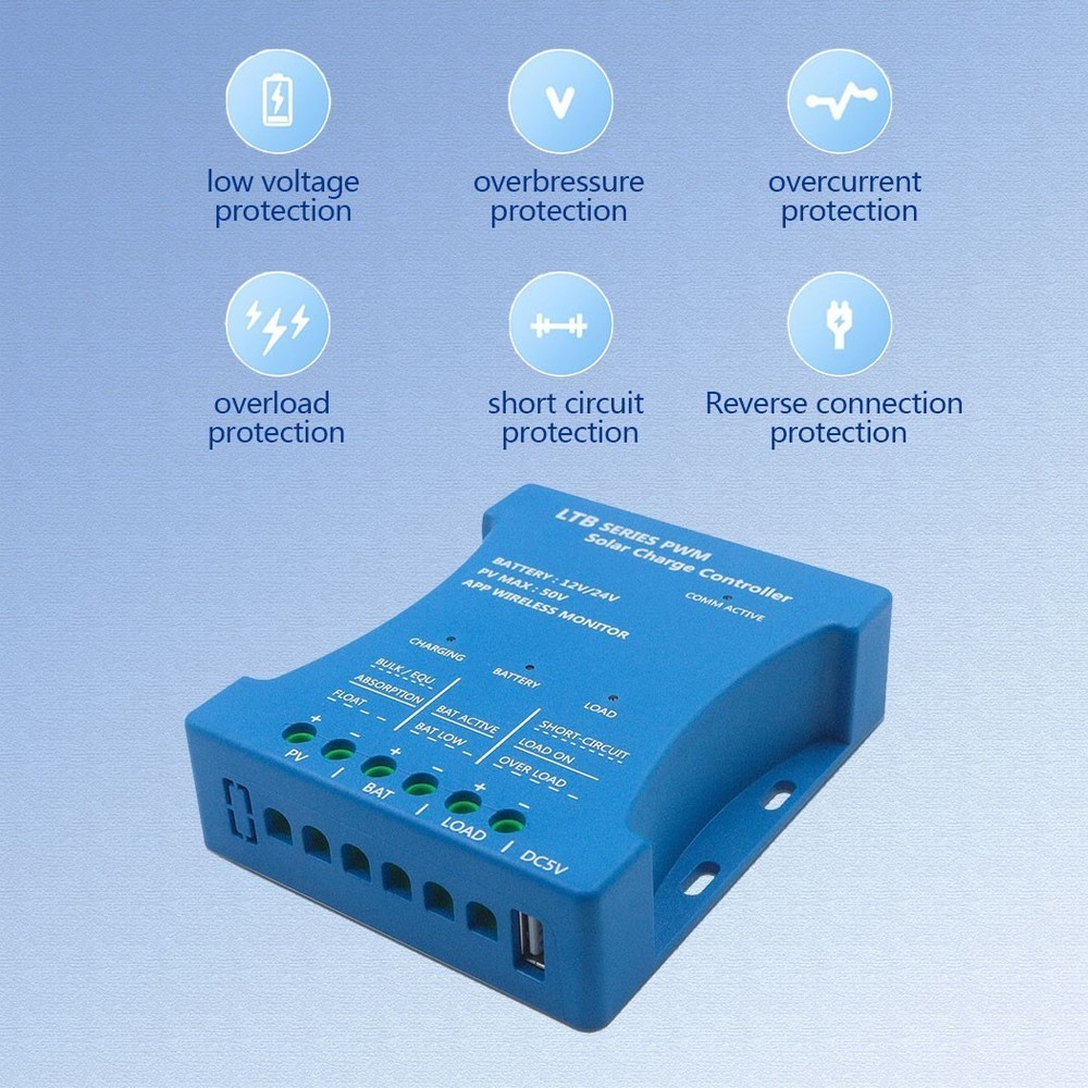 20A Solar Controller 12V/24V PV Max 50V Panel Battery Regulator Bluetooth