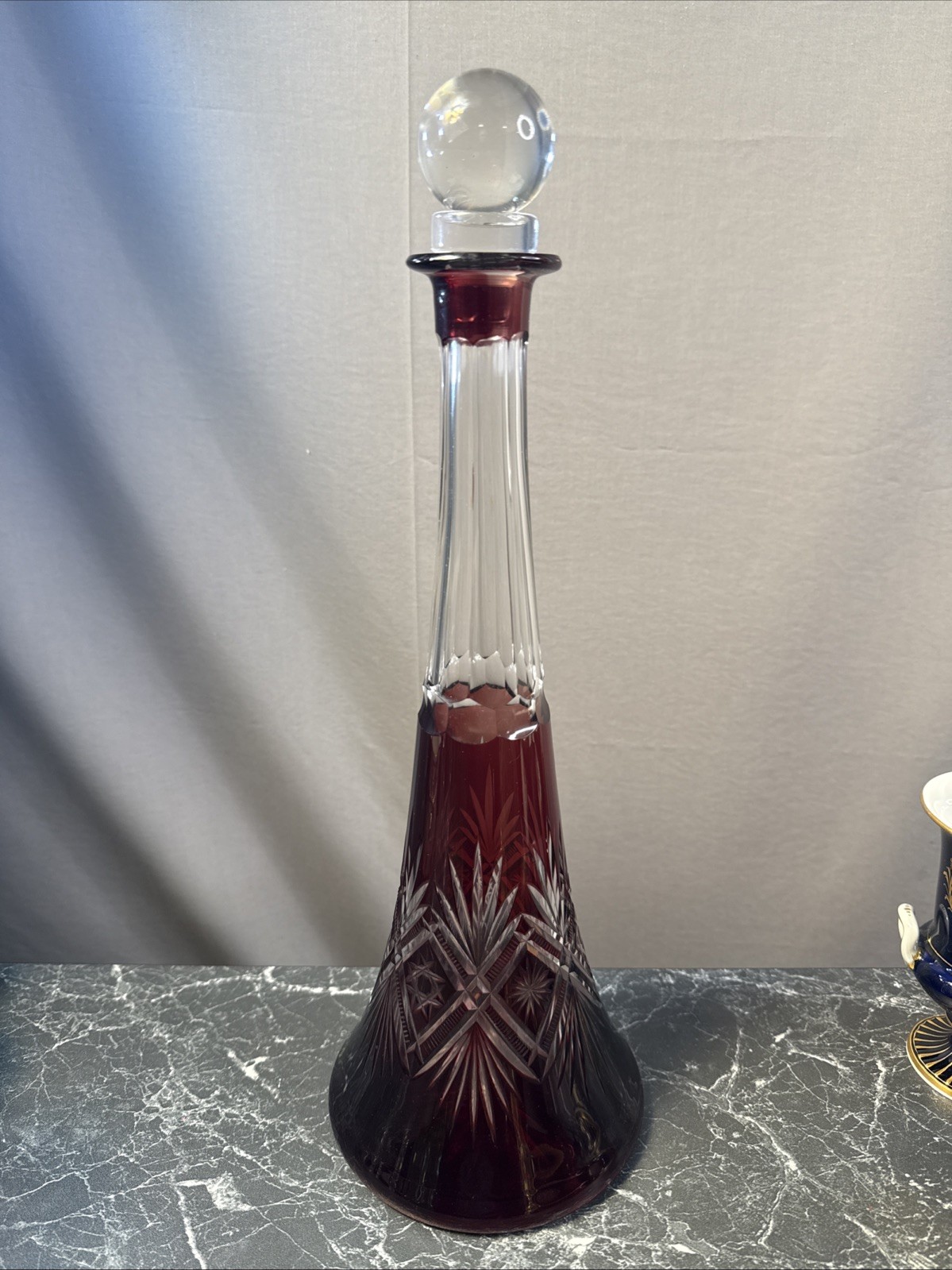 Vintage Bohemian Cranberry to Clear Cut Glass Crystal Decanter with Stopper