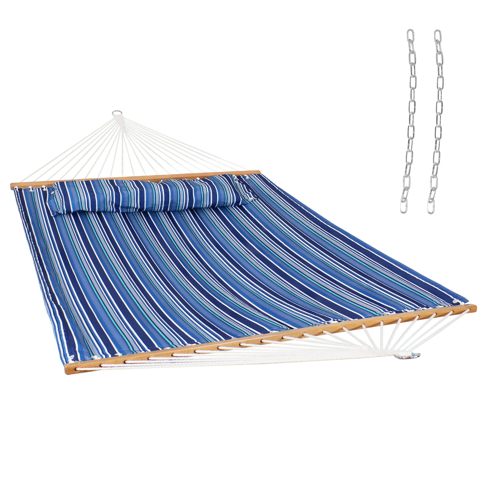 Large Quilted Hammock with Spreader Bar and Pillow - Blue Stripe by Sunnydaze