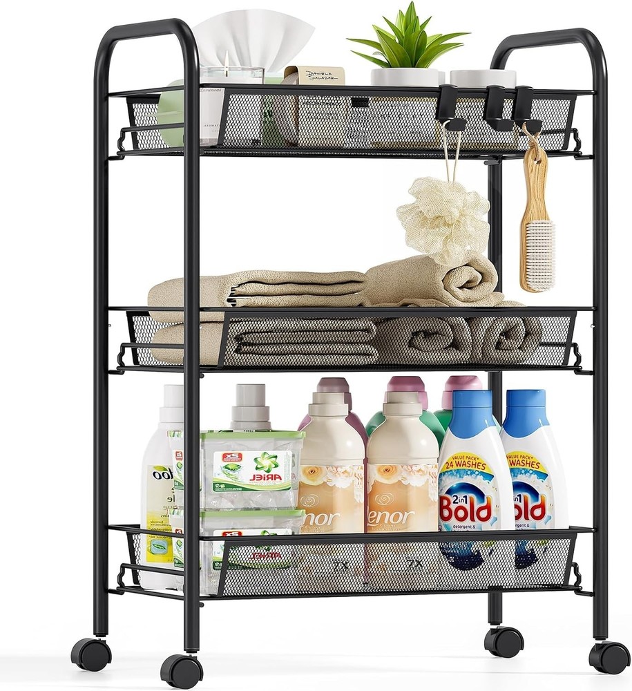 Versatile 3-Tier Rolling Utility Trolley - Space-Efficient Organizer with Hooks