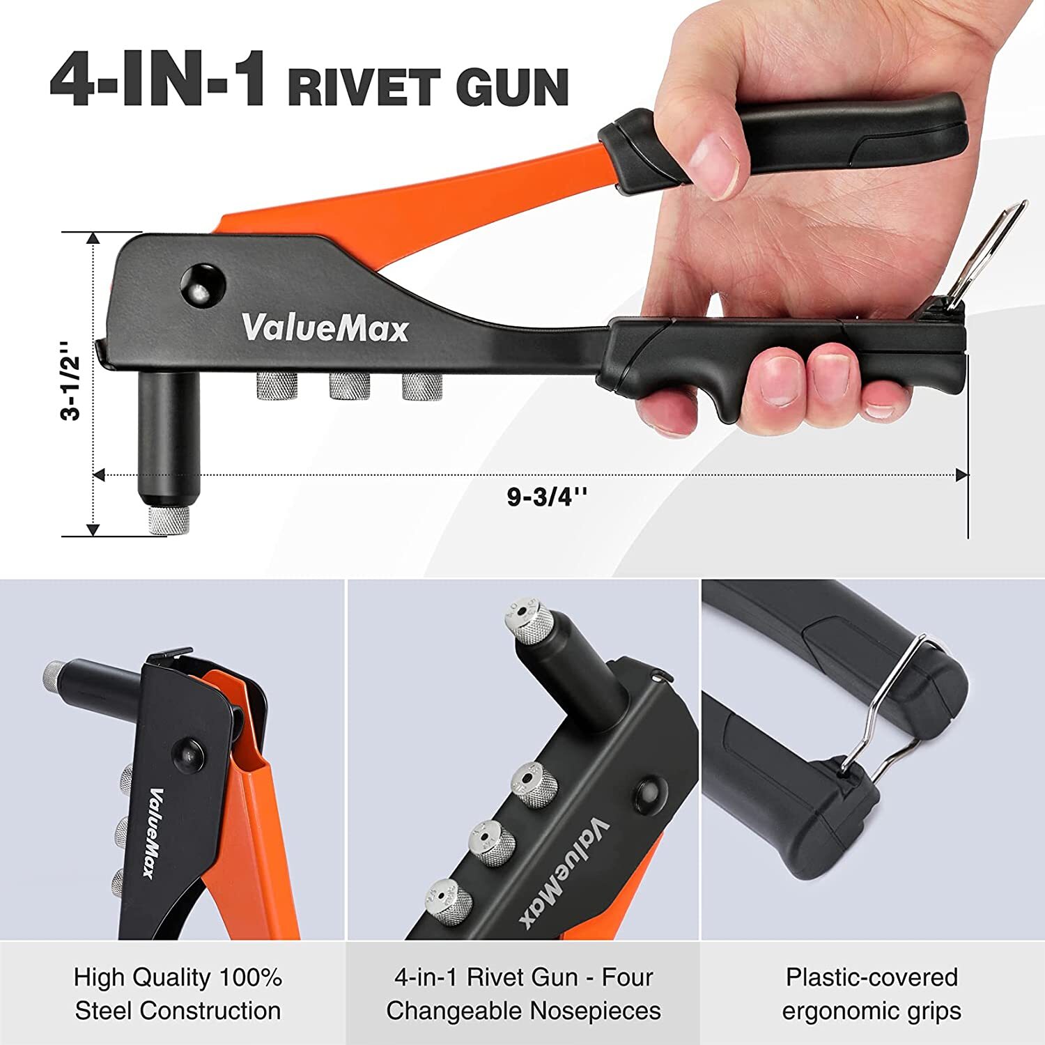 ValueMax 4-in-1 Hand Riveter/Rivet Gun Pop Rivet Tool Kit with 200 Rivets Steel
