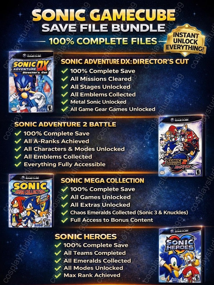 Sonic GameCube Save Files 100% Completed All Unlocks Sonic Mega SA2 Heroes DX