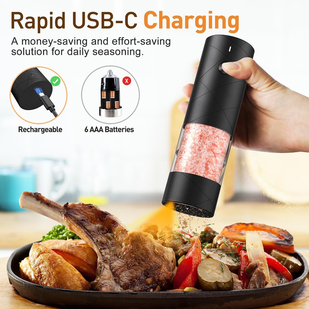 Rechargeable Salt & Pepper Grinders LED Light Adjustable One-Hand Use 2-Pack