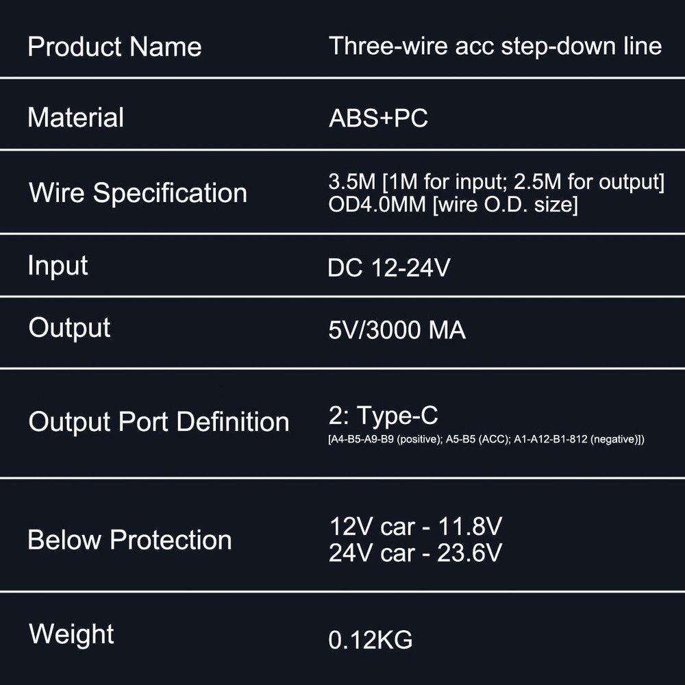 12-24V to 5V 3A Type-C Step-down Cable Suitable Fits Type-c Interface Recorders~