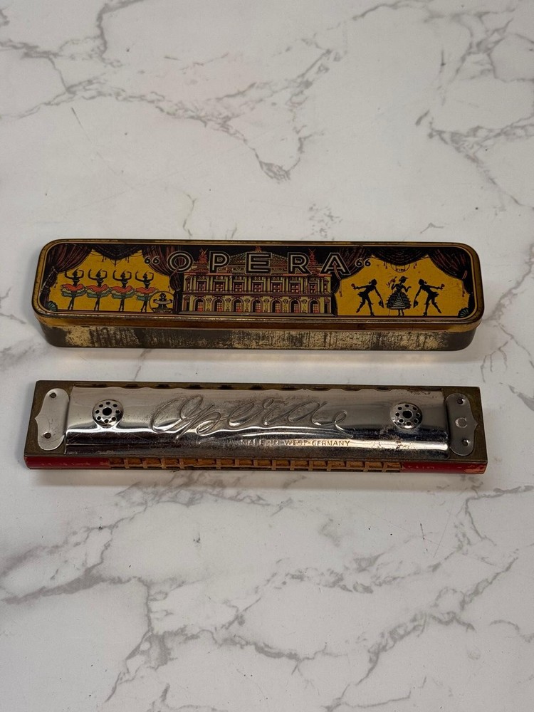 Vintage Opera Harmonica West German With Tin Case Us Zone Cold War