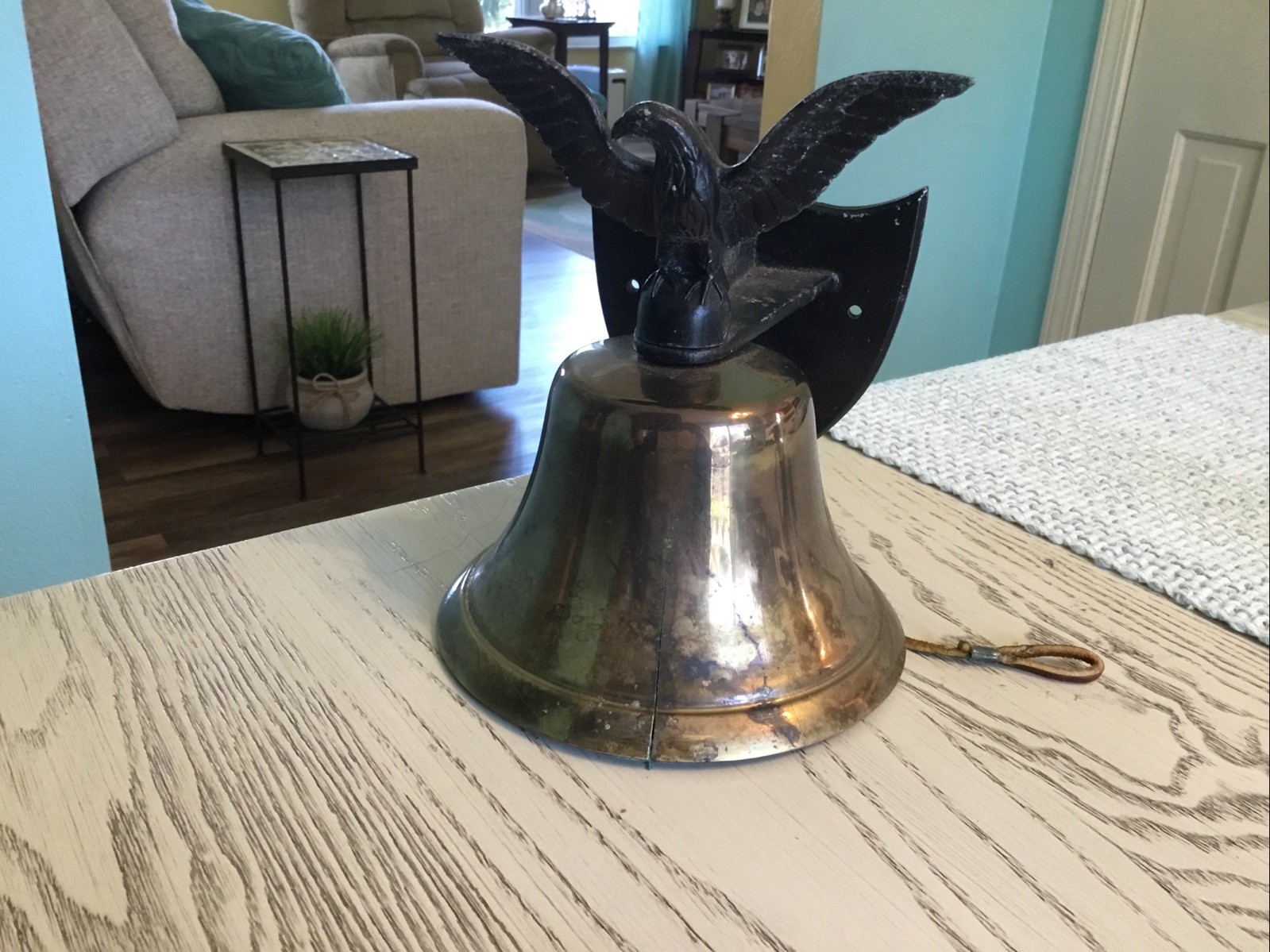 Vintage Brass Bell With Cast Iron Eagle Topper