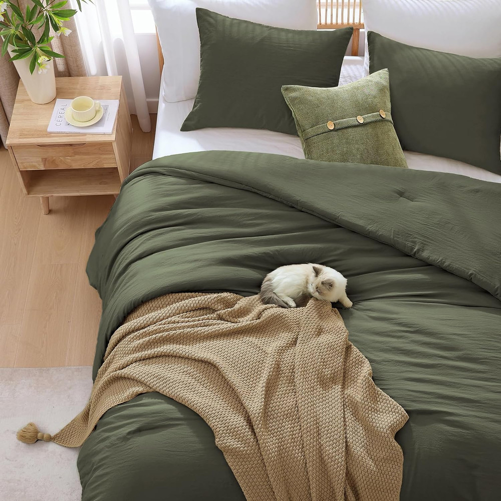 Queen Comforter Set - 3 Pieces Prewashed Olive Green Comforter Soft Lightweight