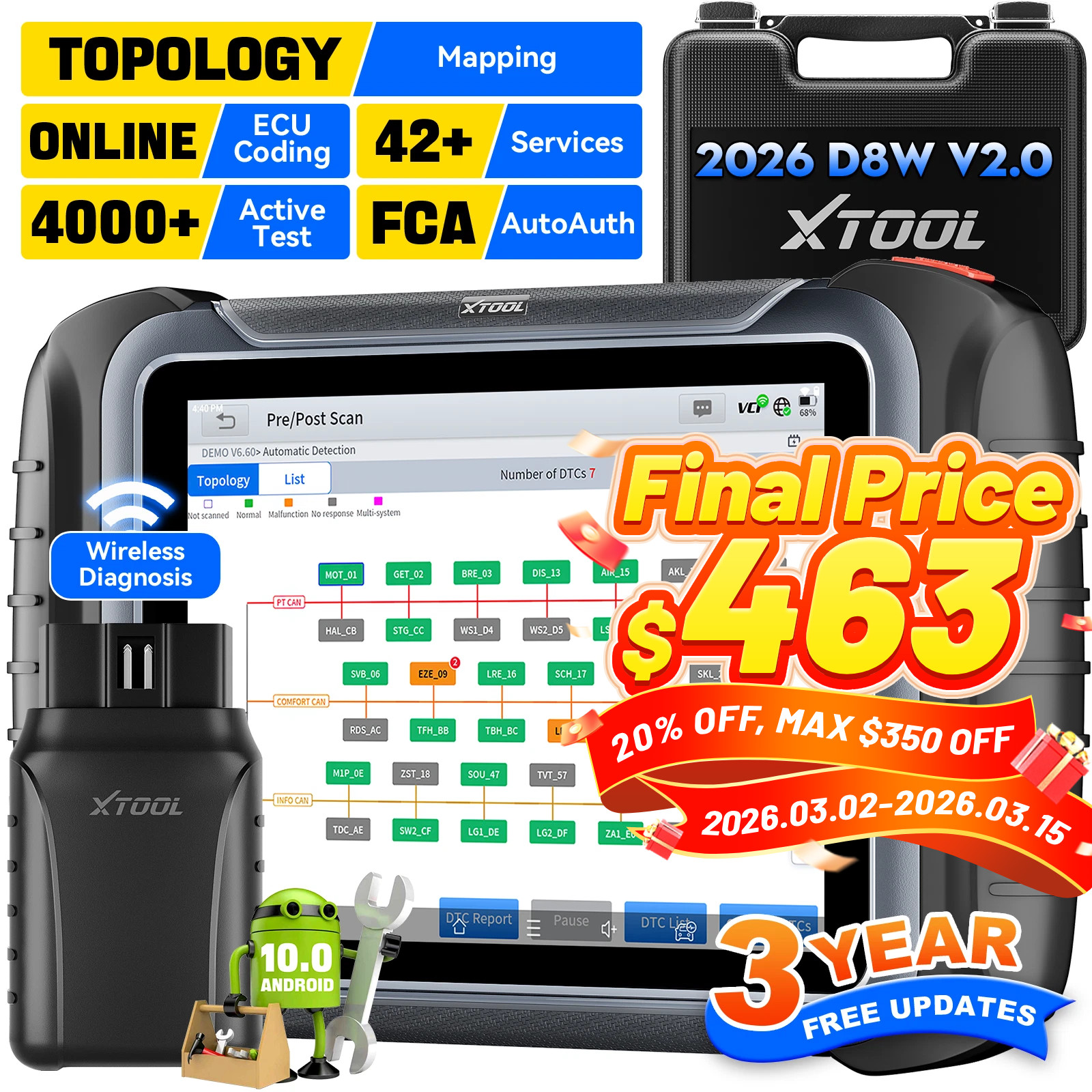 2026 XTOOL D8W V2.0 All System Diagnostic Tool Bi-directional Key Programmer FCA