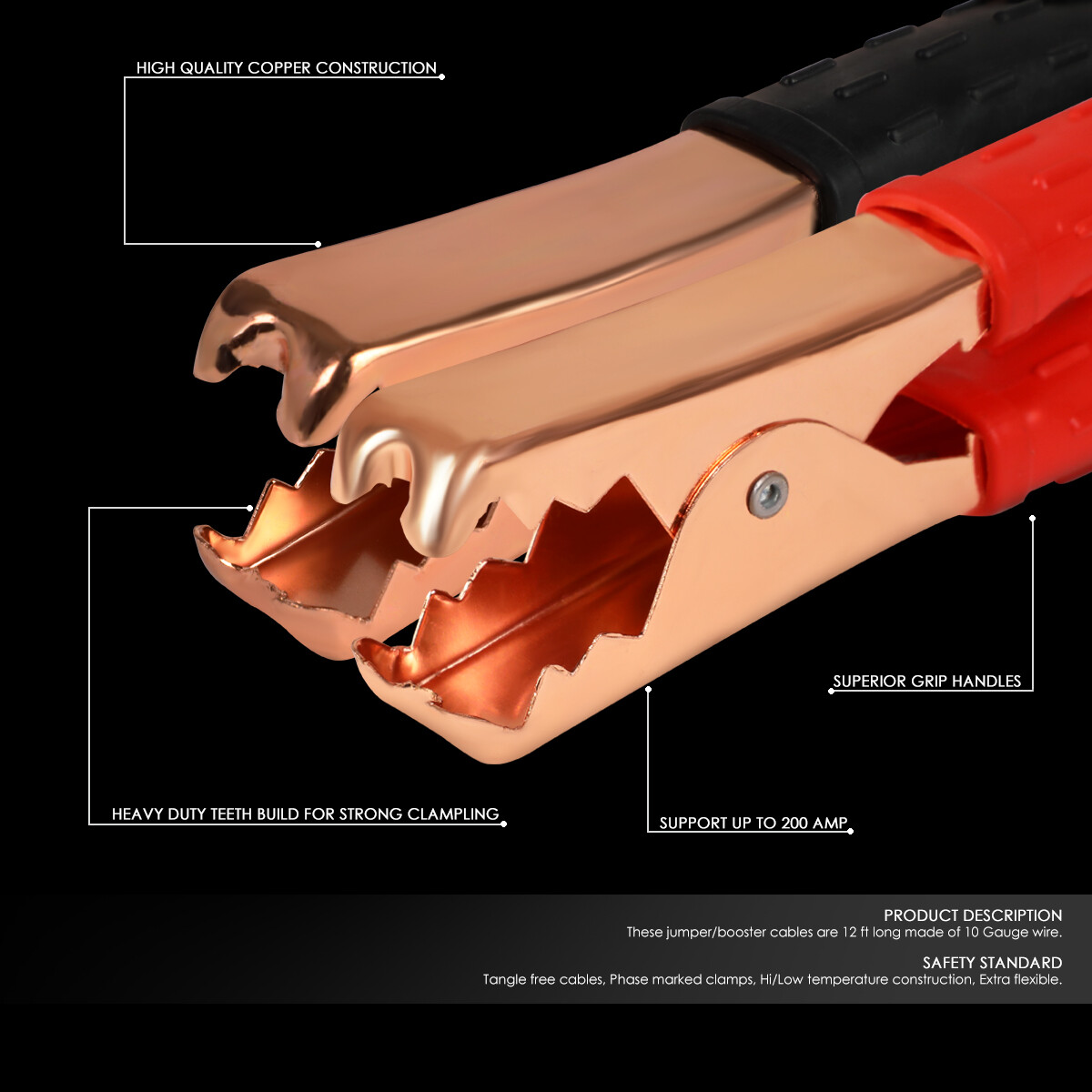 HEAVY DUTY 10 GAUGE 12 FT BATTERY BOOSTER CABLE EMERGENCY POWER JUMPER 200 AMP