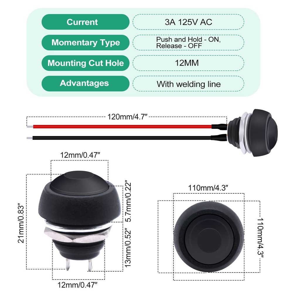 Twidec/6Pcs 12mm Momentary Push Button Plastic shell, Black-12mm-Momentary