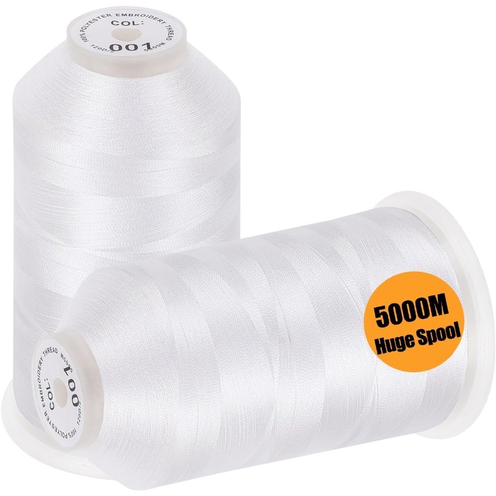 5000M White Polyester Embroidery Thread 40WT 2 Huge Spools for Commercial and