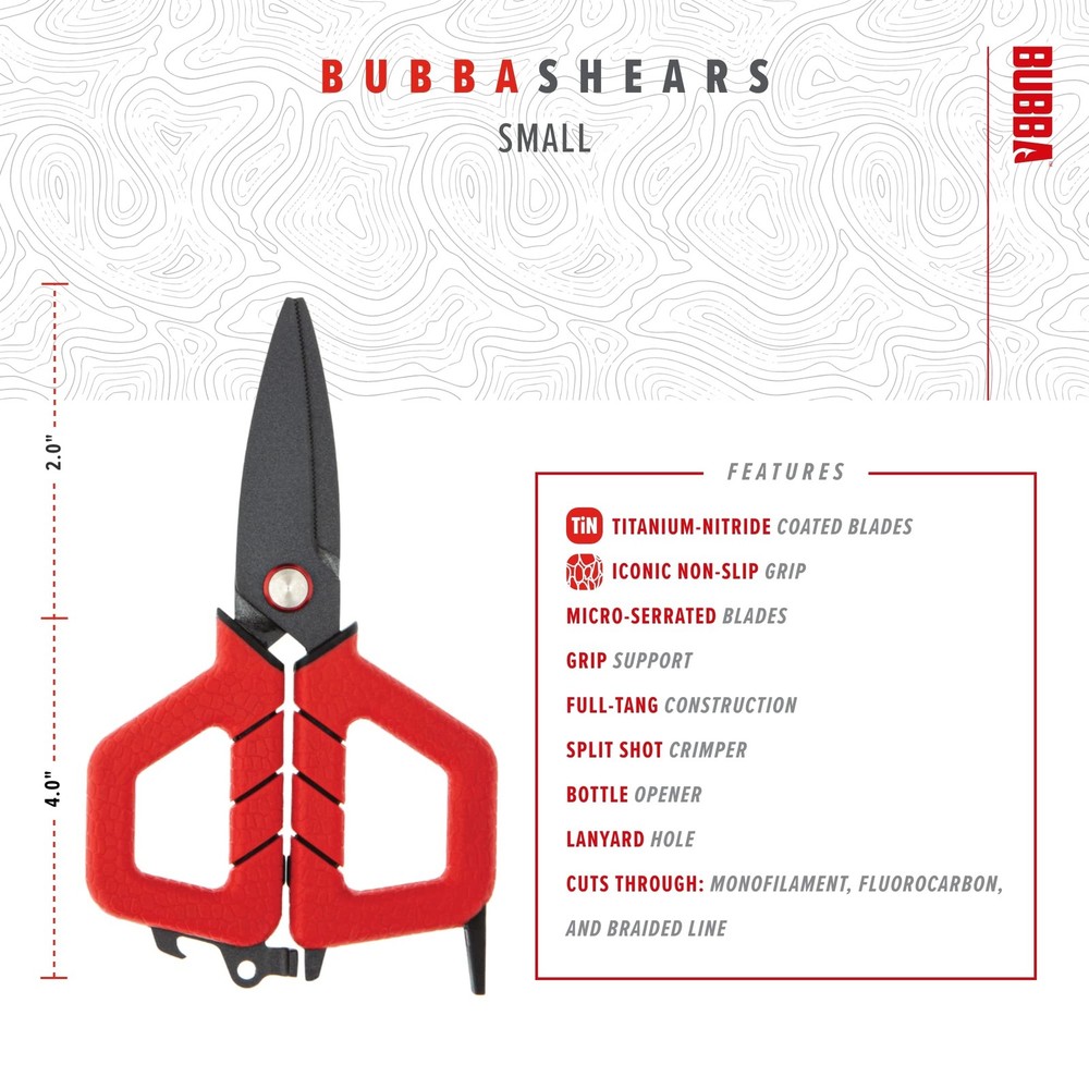 BUBBA Small Shears Fishing Tool With Micro-Serrated Blades & Split Small, Red