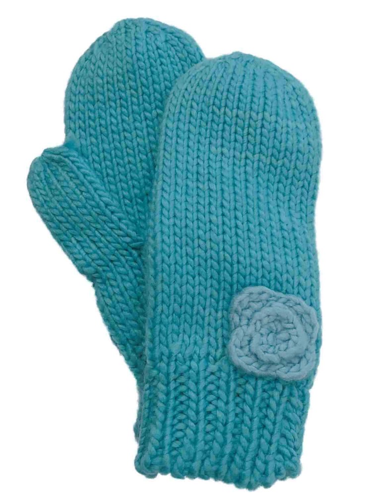 Womens Blue Knit Rosette Winter Mittens